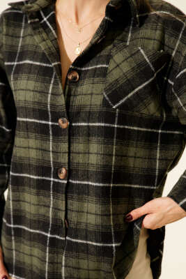 Göğüs Cepli Ekoseli Oduncu Gömlek Haki - Kadın Giyim Modelleri