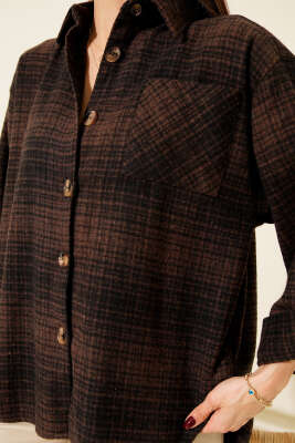 Göğüs Cepli Ekoseli Oduncu Gömlek Kahve - Kadın Giyim Modelleri