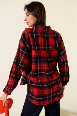 Göğüs Cepli Ekoseli Oduncu Gömlek Kırmızı - Kadın Giyim Modelleri