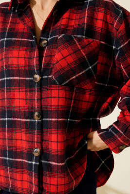 Göğüs Cepli Ekoseli Oduncu Gömlek Kırmızı - Kadın Giyim Modelleri