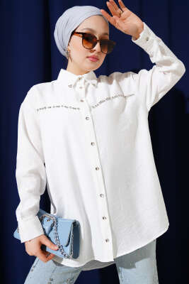 Göğüs Taş Sıralı Gömlek Beyaz