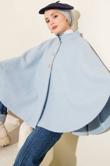 Gold Düğmeli Buklet Panço Bebe Mavi - Panço