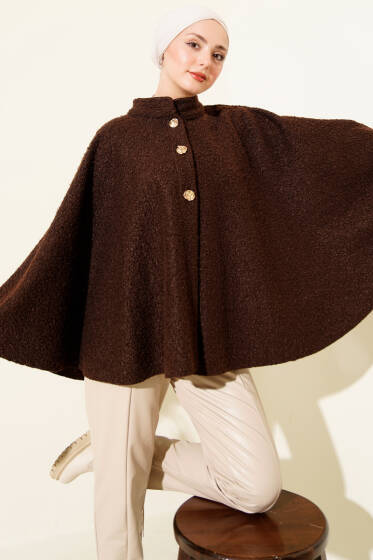 Gold Düğmeli Buklet Panço Kahve - Panço