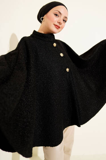Gold Düğmeli Buklet Panço Siyah - Panço