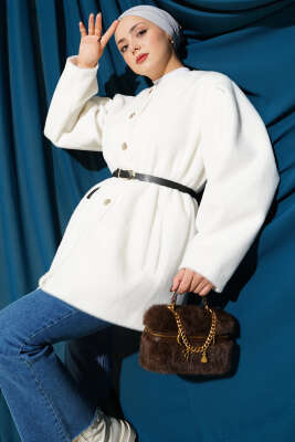 Gold Düğmeli Kemerli Goldfox Ceket Ekru - DUFON