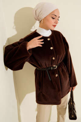 Gold Düğmeli Kemerli Goldfox Ceket Kahve - DUFON