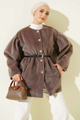 Gold Düğmeli Kemerli Goldfox Ceket Kestane - DUFON