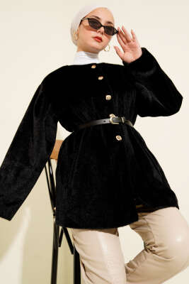 Gold Düğmeli Kemerli Goldfox Ceket Siyah - DUFON