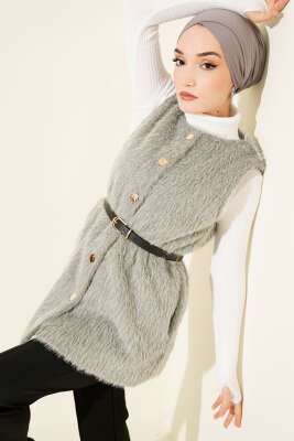 Gold Düğmeli Kemerli Sakallı Yelek Gri - DUFON