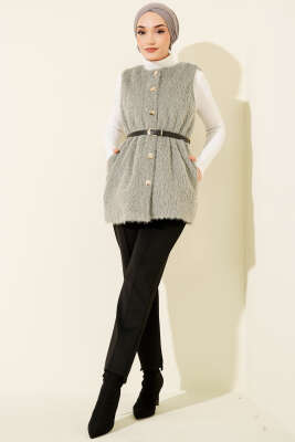 Gold Düğmeli Kemerli Sakallı Yelek Gri - Yelek