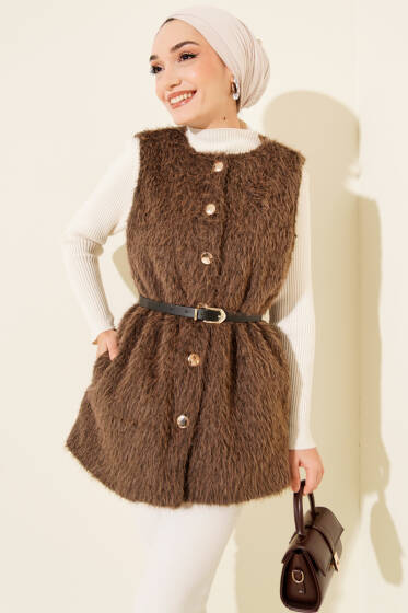 Gold Düğmeli Kemerli Sakallı Yelek Kahve - Yelek