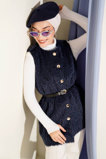 Gold Düğmeli Kemerli Sakallı Yelek Lacivert - Yelek