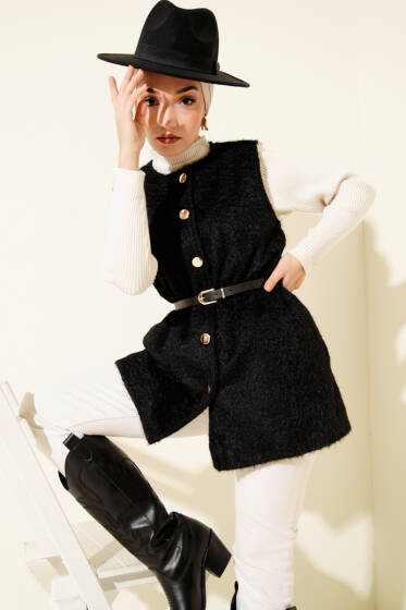 Gold Düğmeli Kemerli Sakallı Yelek Siyah - Yelek