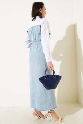 Gömlek Garnili Kuşaklı Kot Elbise Mavi - Elbise