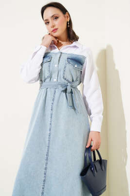 Gömlek Garnili Kuşaklı Kot Elbise Mavi - Elbise