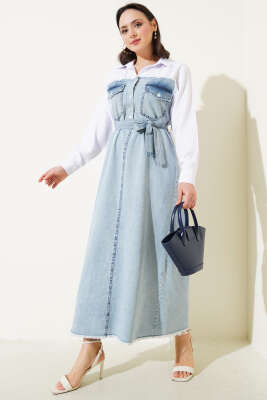 Gömlek Garnili Kuşaklı Kot Elbise Mavi - Elbise