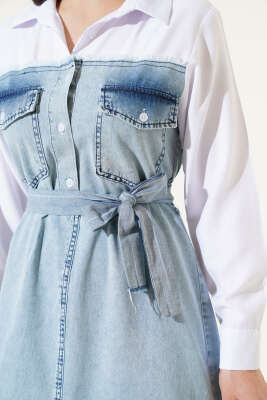 Gömlek Garnili Kuşaklı Kot Elbise Mavi - Elbise