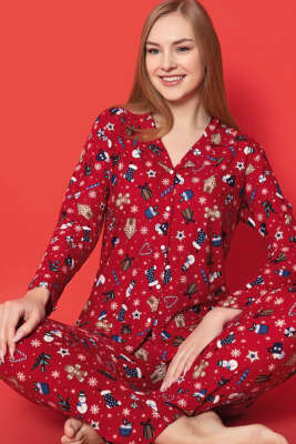 Gömlek Yaka Desenli Süet Pijama Takımı Kırmızı