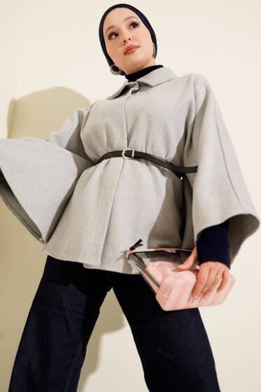 Gömlek Yaka Düğmeli Kaşe Panço Gri - Panço