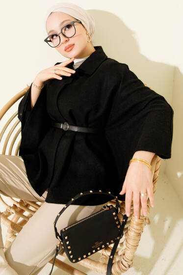 Gömlek Yaka Düğmeli Kaşe Panço Siyah - Panço