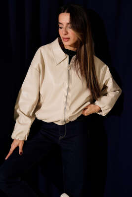 Gömlek Yaka Fermuarlı Deri Ceket Bej - BERAT TEKSTİL