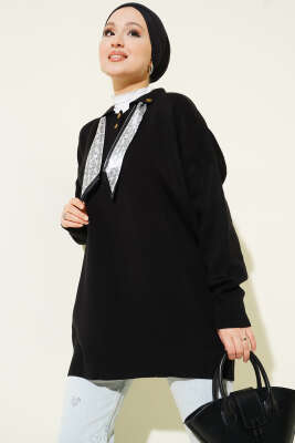 Gömlek Yaka Fularlı Triko Tunik Siyah