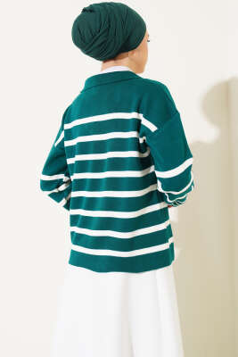 Gömlek Yaka İpli Çizgili Kazak Zümrüt - Triko