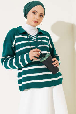 Gömlek Yaka İpli Çizgili Kazak Zümrüt - Triko