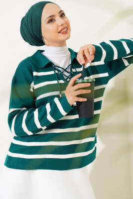 Gömlek Yaka İpli Çizgili Kazak Zümrüt - Triko
