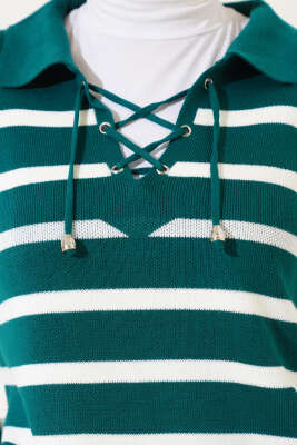 Gömlek Yaka İpli Çizgili Kazak Zümrüt - Triko