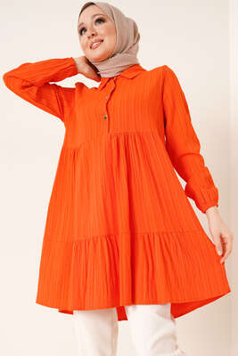Gömlek Yaka Kat Detaylı Tunik Oranj