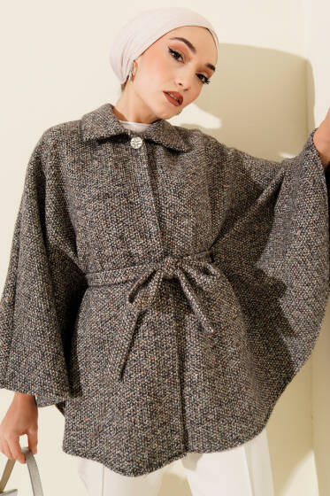 Gömlek Yaka Kuşaklı Kaşe Panço Füme - Panço