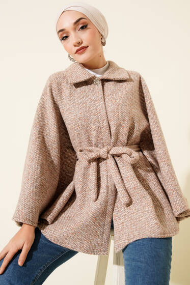 Gömlek Yaka Kuşaklı Kaşe Panço Vizon - Panço