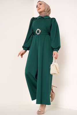 Gömlek Yaka Kuşaklı Tulum Zümrüt