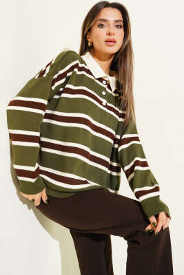 Gömlek Yaka Yatay Çizgili Triko Kazak Haki