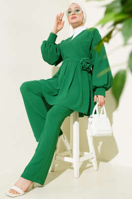 Gül Aksesuarlı Pileli Tunik İkili Takım Yeşil