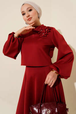 Gül İşlemeli Etekli İkili Takım Bordo - İkili Takım