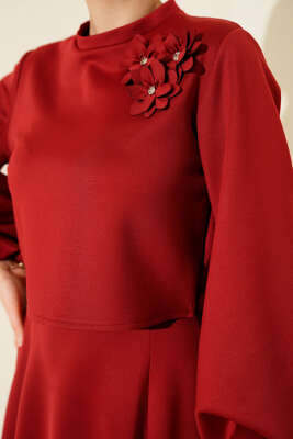 Gül İşlemeli Etekli İkili Takım Bordo - İkili Takım