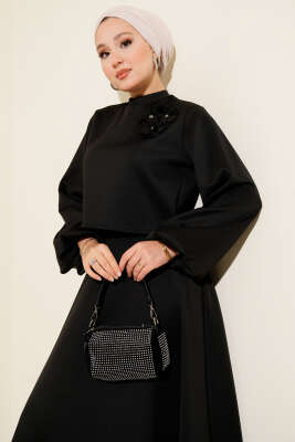 Gül İşlemeli Etekli İkili Takım Siyah - İkili Takım