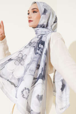 Gül Şerit Geçişli Şal Gri