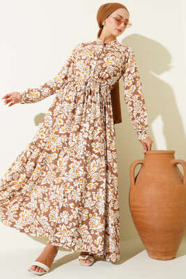 Hakim Yaka Bel Tünelli Desenli Elbise Kahve 