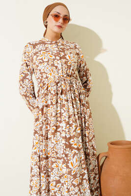 Hakim Yaka Bel Tünelli Desenli Elbise Kahve - Elbise