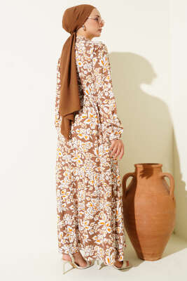 Hakim Yaka Bel Tünelli Desenli Elbise Kahve - Elbise