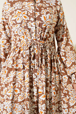 Hakim Yaka Bel Tünelli Desenli Elbise Kahve - Elbise