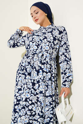 Hakim Yaka Bel Tünelli Desenli Elbise Lacivert - Elbise