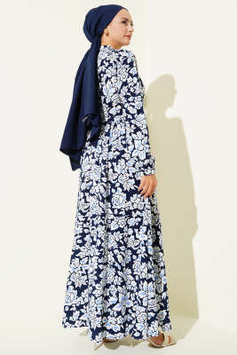 Hakim Yaka Bel Tünelli Desenli Elbise Lacivert - Elbise