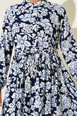 Hakim Yaka Bel Tünelli Desenli Elbise Lacivert - Elbise