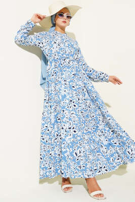 Hakim Yaka Bel Tünelli Desenli Elbise Mavi 