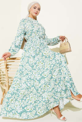 Hakim Yaka Bel Tünelli Desenli Elbise Mint 