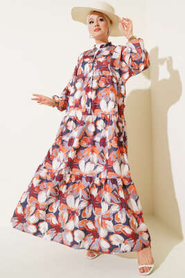 Hakim Yaka Bilek Lastikli Çiçek Desenli Elbise Kiremit 